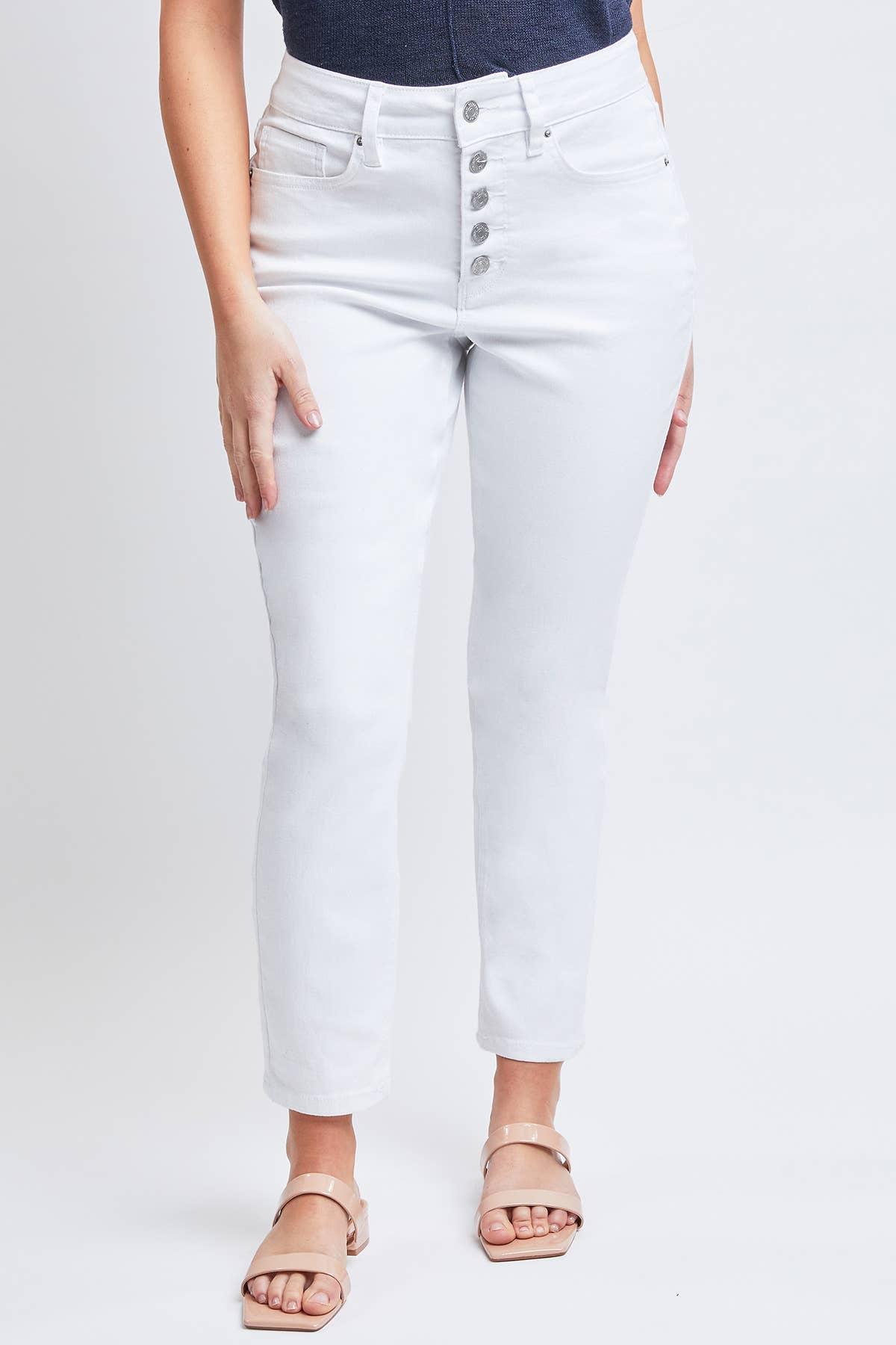 WHITE HIGH RISE BUTTON FLY TUMMY CONTROL ANKLE JEAN
