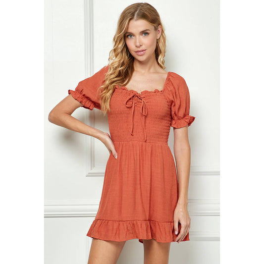 LARGE CLAY PUFF SLEEVE SMOCKED TOP BOTTOM RUFFLE DRESS
