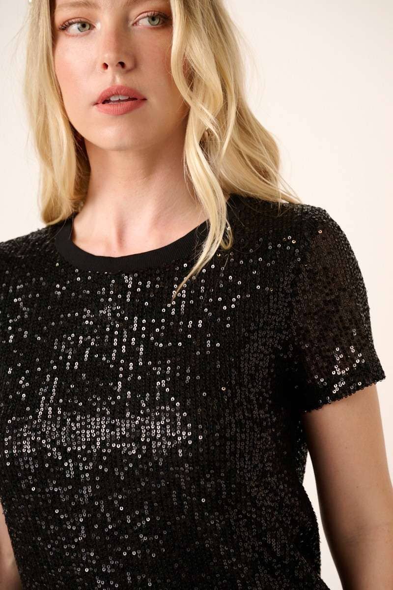 BLACK SEQUIN LINED KNIT TOP