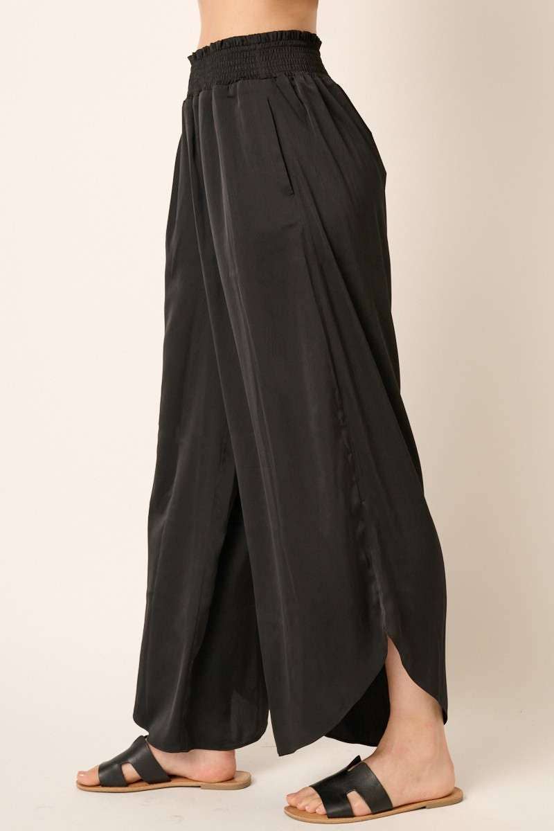 BLACK SATIN SMOCKED WAIST WIDE LEG