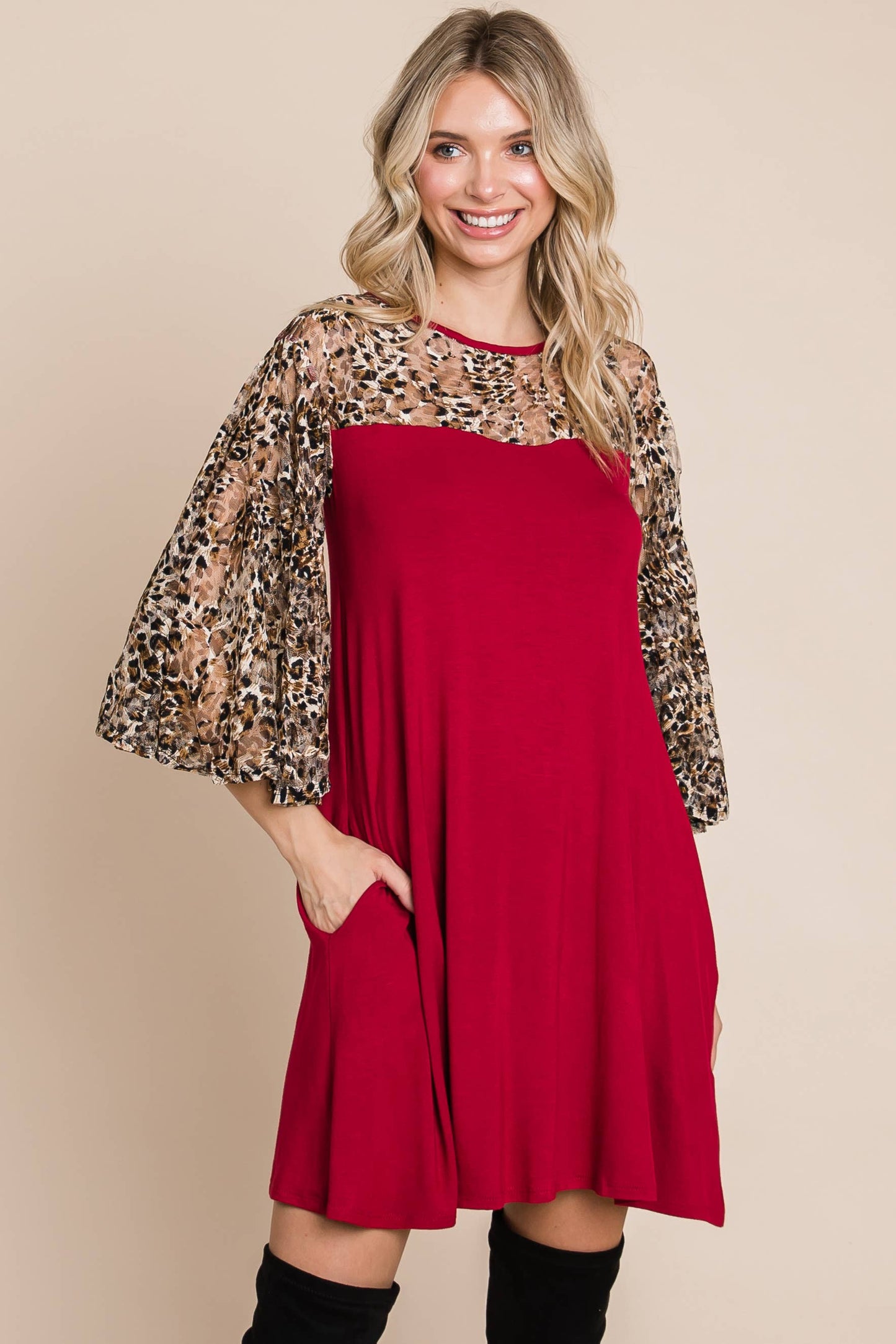 WINE A LINE DRESS WITH LEOPARD MESH SLEEVE