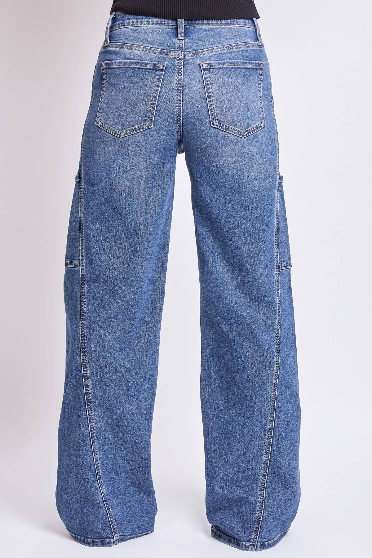 Junior High Rise Seam Front Cargo Wide Leg: Medium Wash