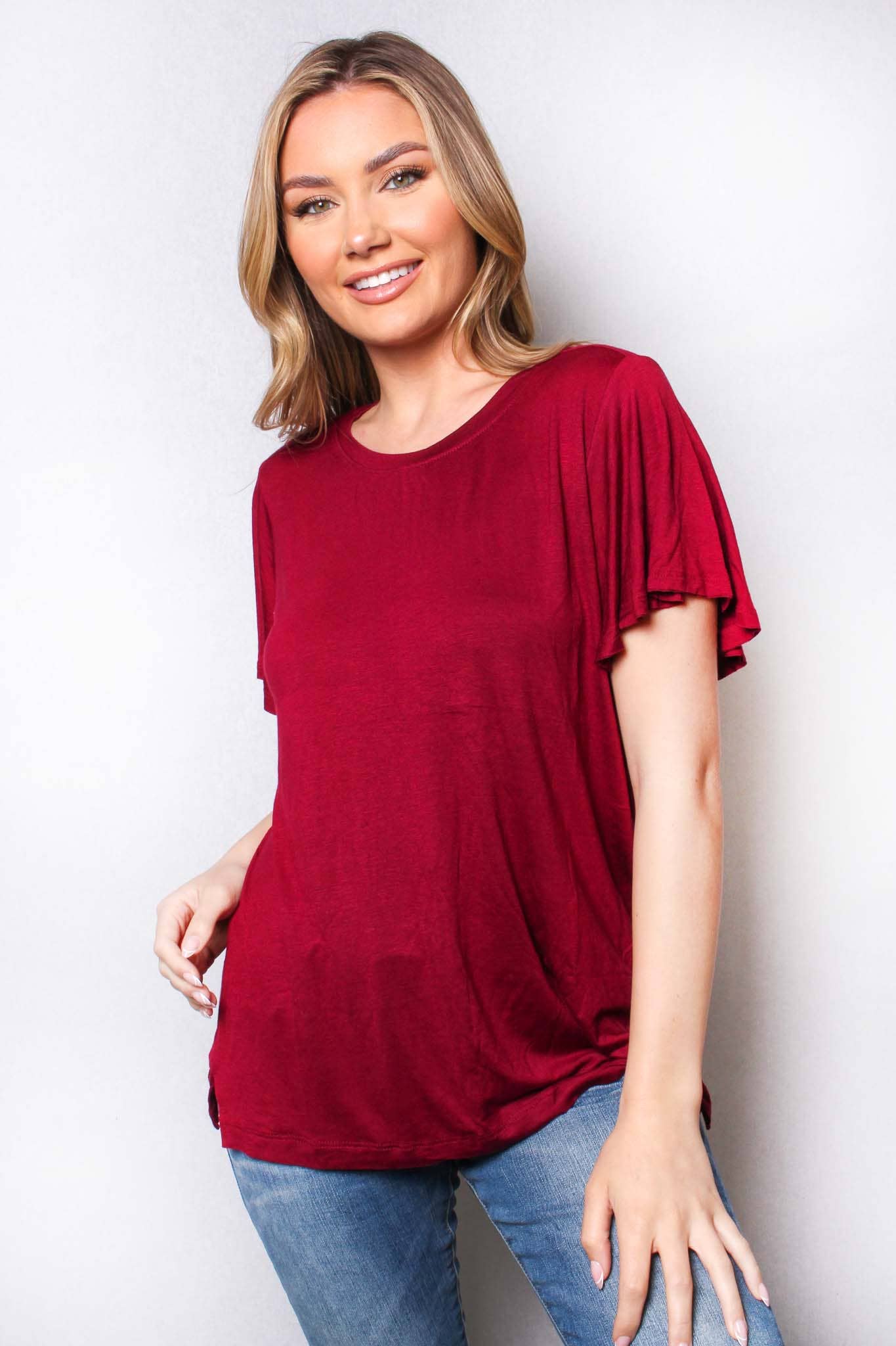 BURGANDY RUFFLE SLEEVE