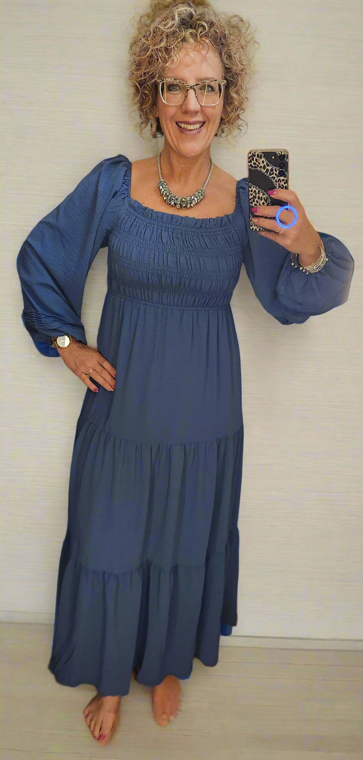 DENIM BALLOON SLEEVE A LINE DRESS