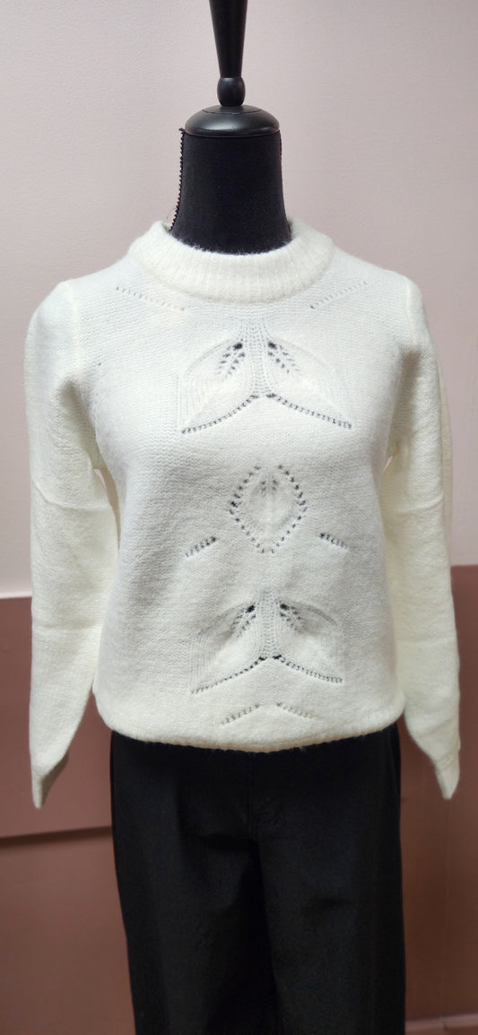 WINTER WHITE PETAL CABLE SWEATER