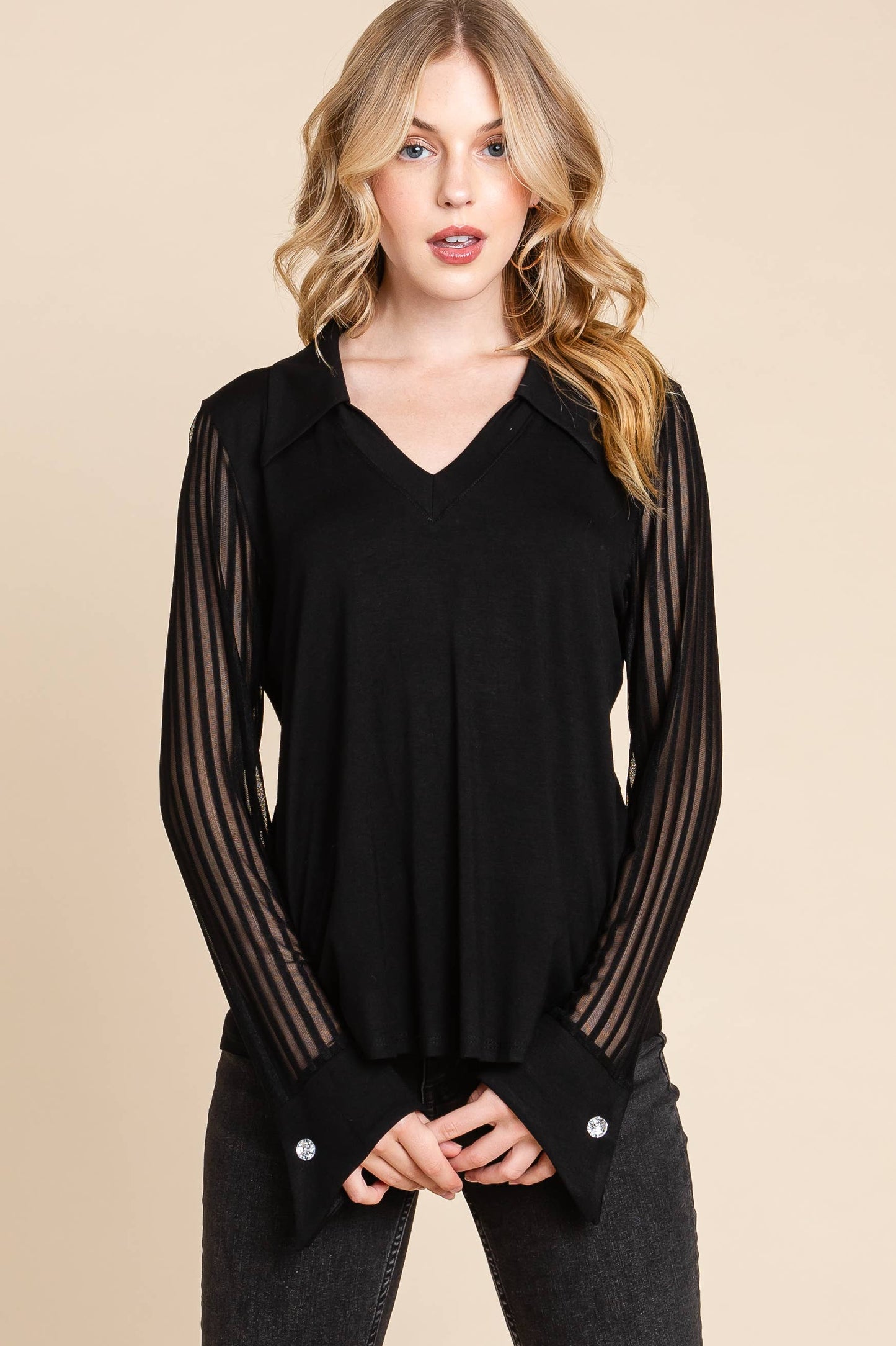 PLUS BLACK V-Neck Solid Fashion Top