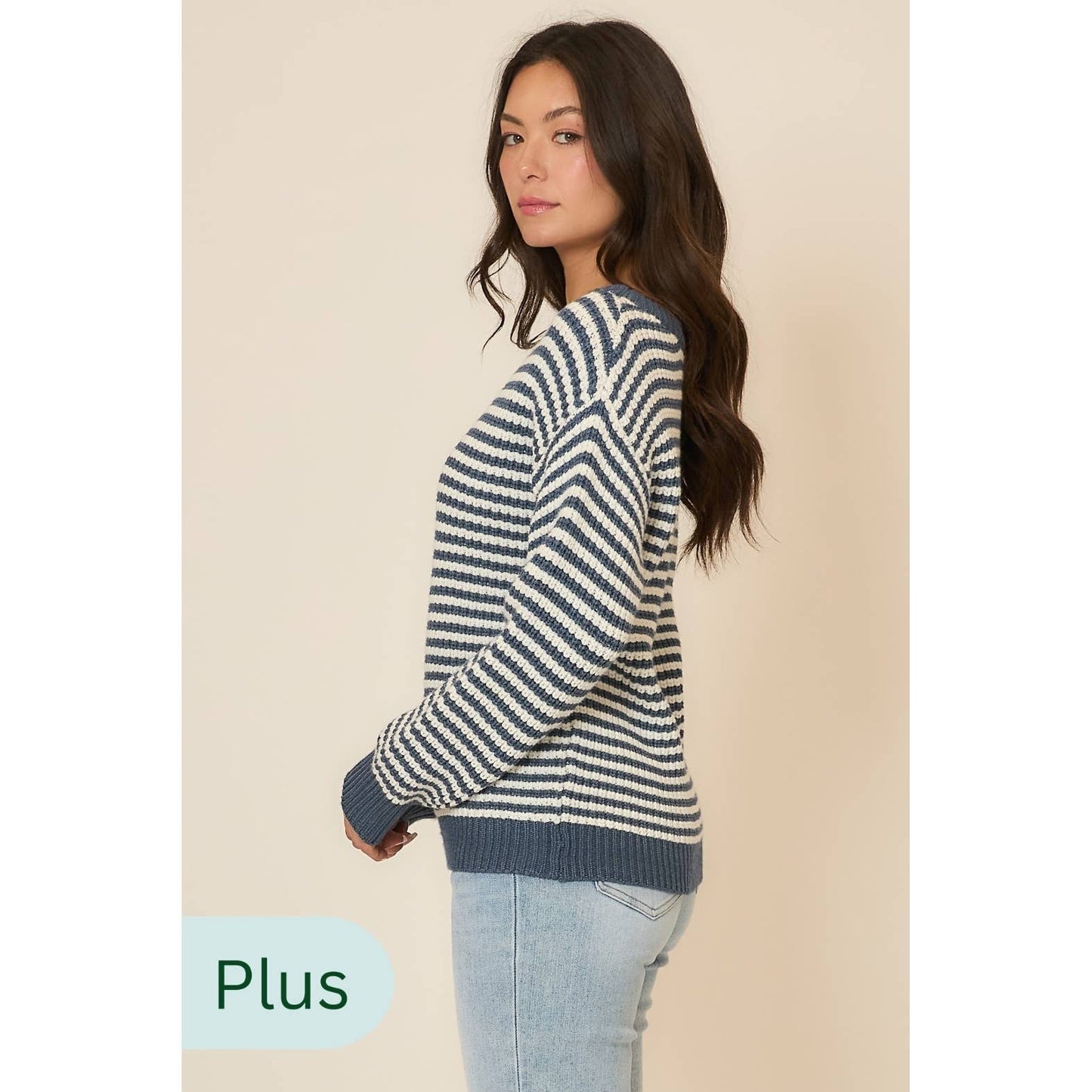 PLUS 2X/3X DENIM/IVORY STRIPED KNIT SWEATER