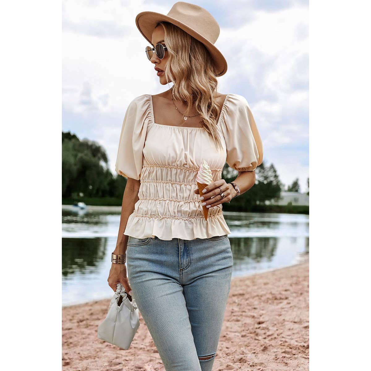 Square Neck Solid Ruffle Puff Sleeve