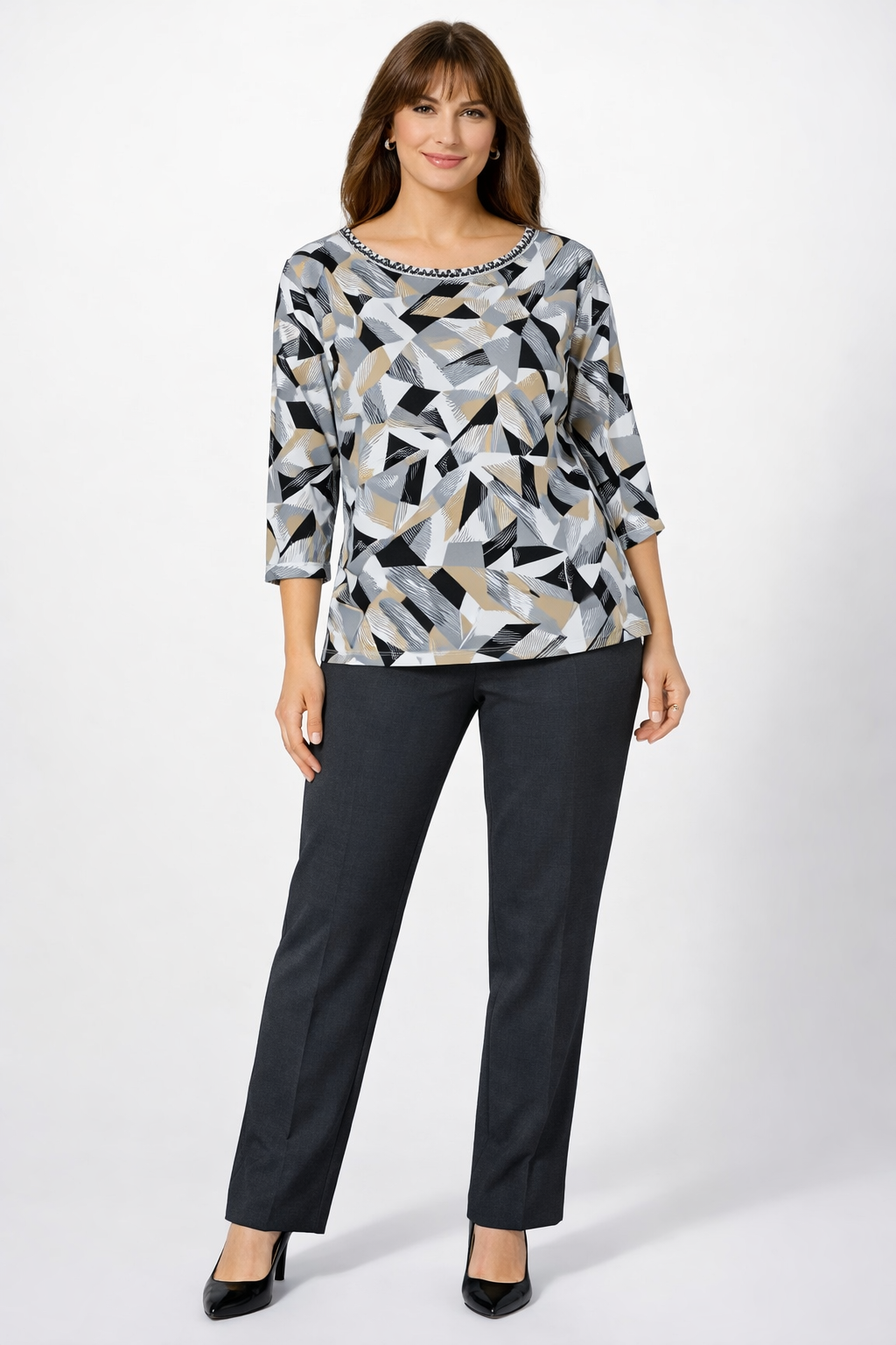 NEUTRAL GEO 3/4 SLEEVE BLOUSE WITH NECKLINE ACCENTS MISSY & PLUS