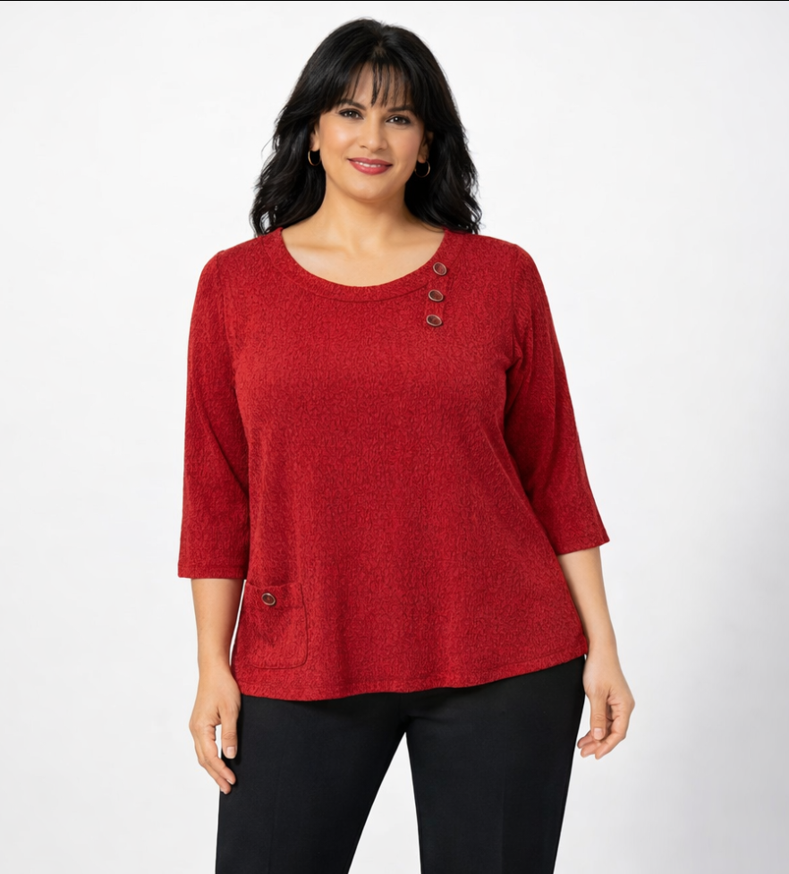 SMALL & 2 XL TANGO RED 3/4 SLLEVE BLOUSE WITH BUTTION ACCENTS