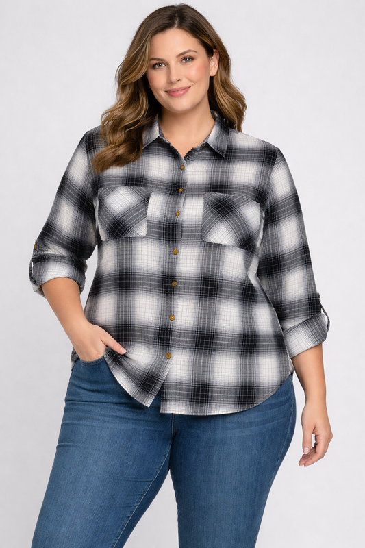 BLACK/WHITE/NAVY PLAID BUTTERY SOFT BUTTON UP MISSY & PLUS
