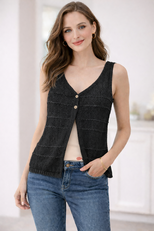 BLACK BUTTON DETAIL CROCHET VEST