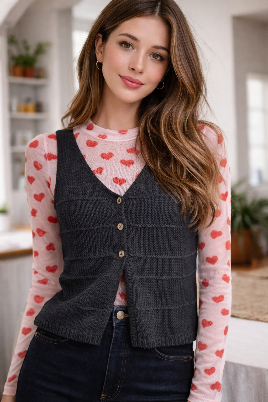 BLACK BUTTON DETAIL CROCHET VEST