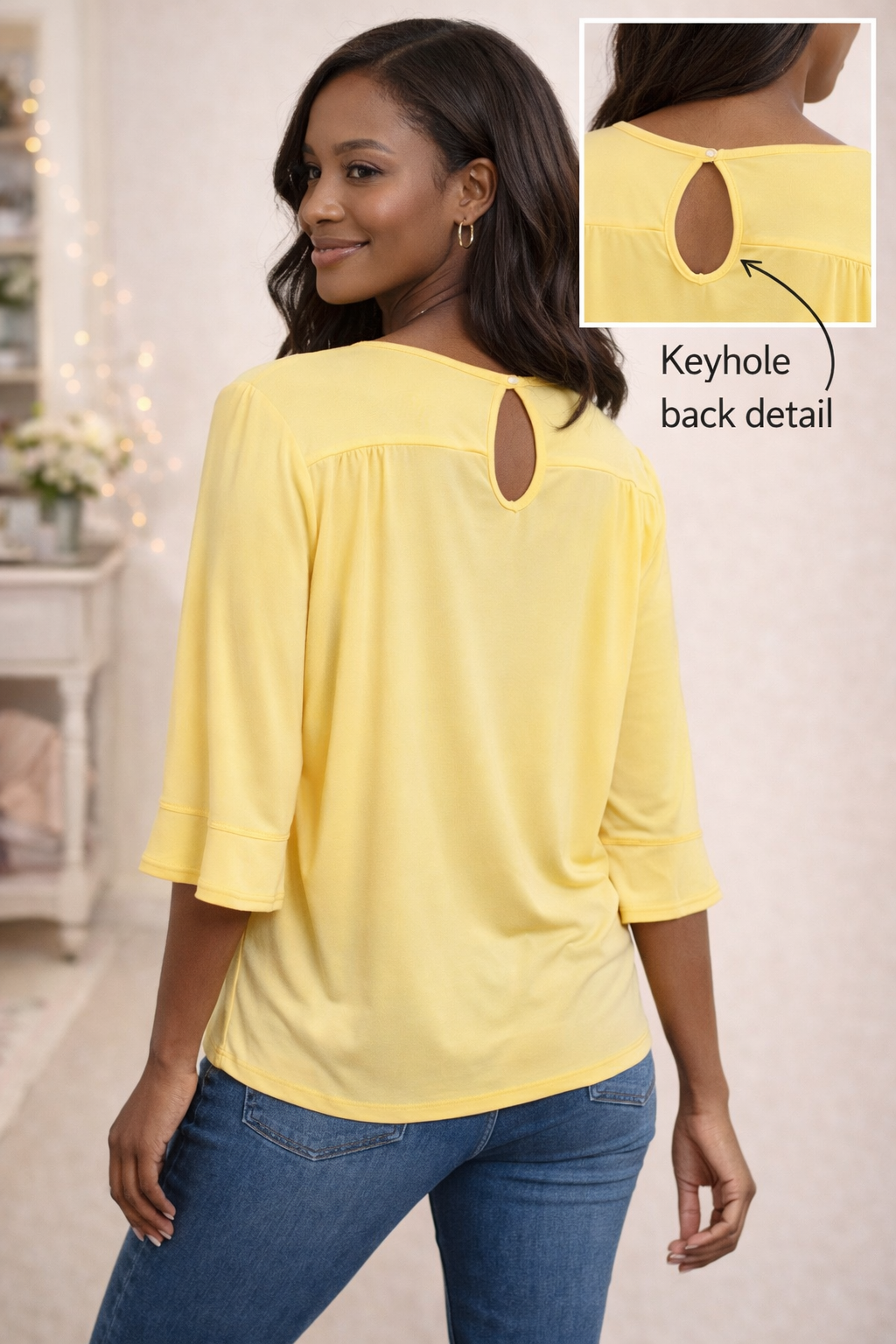 MISSY & PLUS GARDEN PARTY YELLOW 3/4 SLEEVE TOP