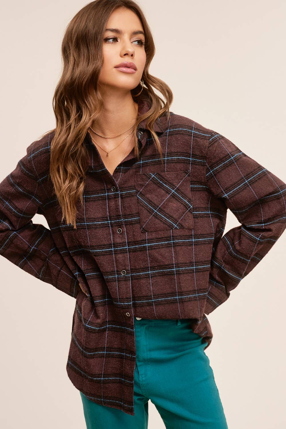 LOOSE FIT CHOCOLATE PLAID BUTTON UP