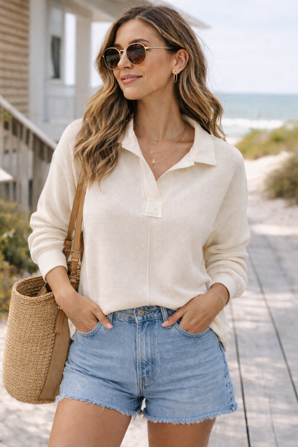 COASTAL CREAM COLLARED PULLOVER
