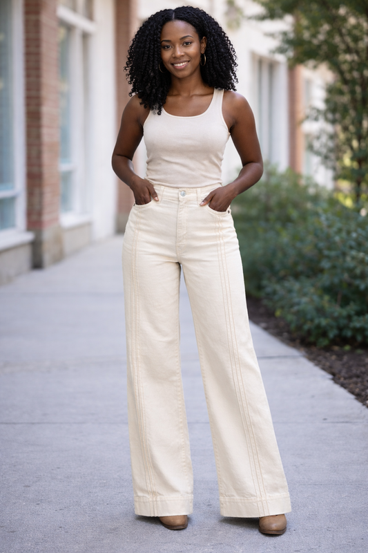 MID RISE ECRU PINTUCK COMFORT FLARE 34" INSEAM