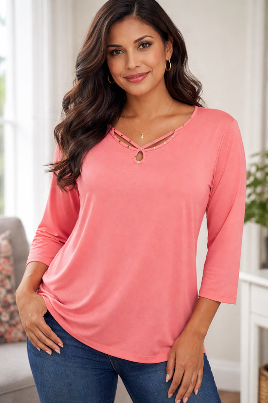 MISSY AND PLUS 3/4 SLEEVE HIBISCUS JEWEL TOP