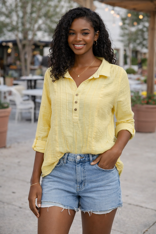 SUMMER LEMONADE GUAZE LONG SLEEVE BUTTON UP MISSY & PLUS