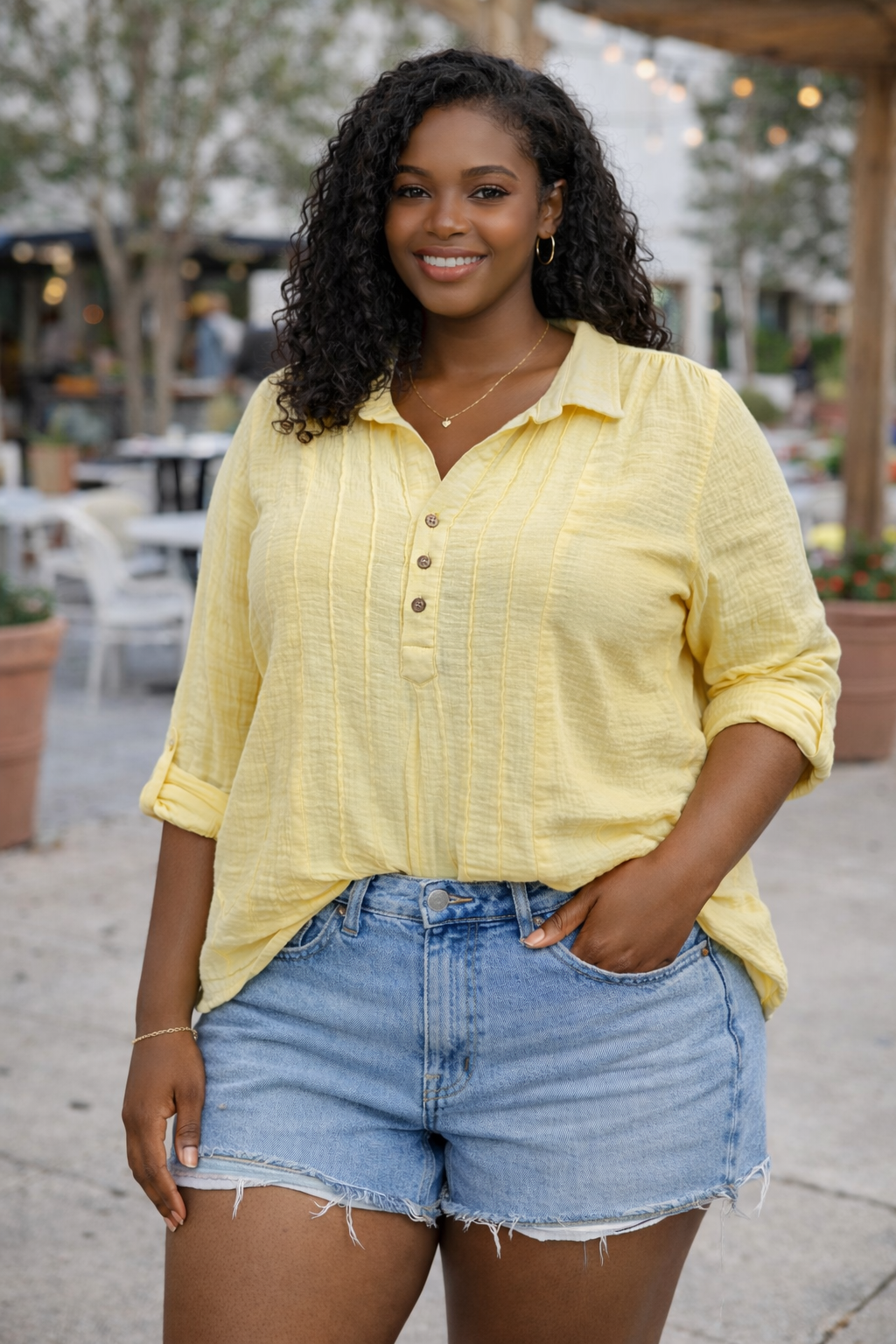 SUMMER LEMONADE GUAZE LONG SLEEVE BUTTON UP MISSY & PLUS