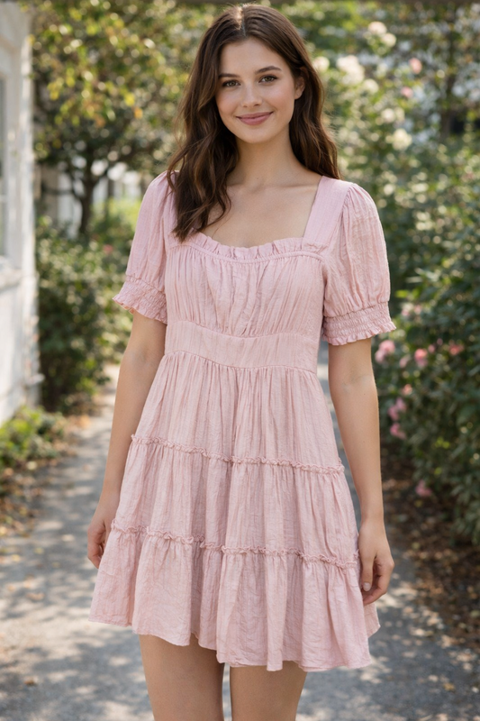 BLUSHING PETALS TIERED MINI DRESS