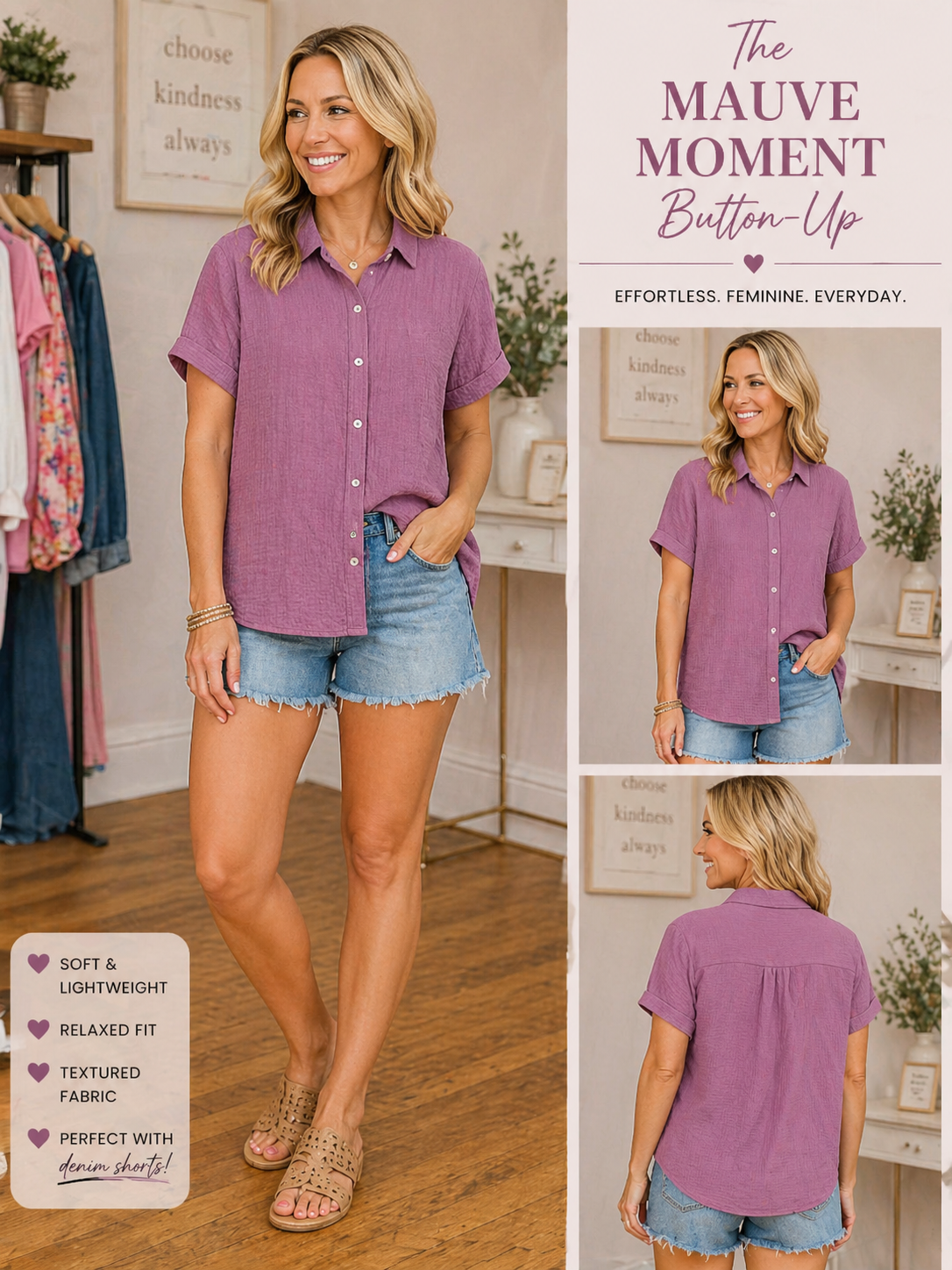 MAUVE MOMENT BUTTON UP SHORT SLEEVE