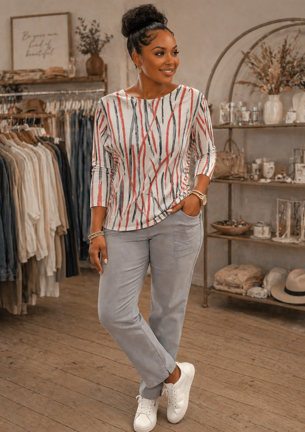 CORAL BRUSHSTROKE 3/4 SLEEVE CINCHED SIDE