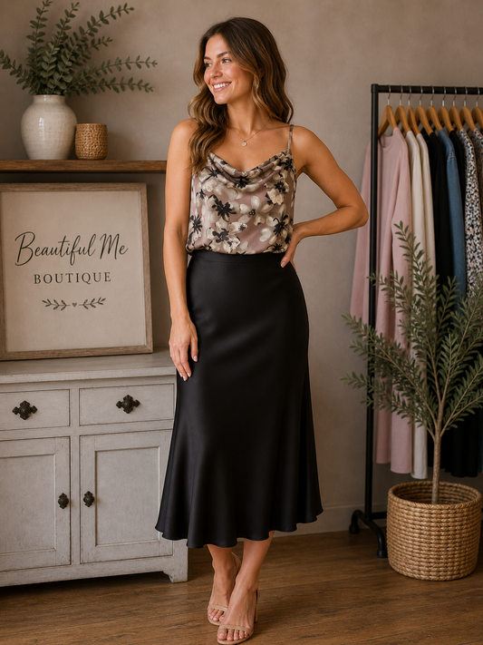 BLACK SATIN MIDI SKIRT