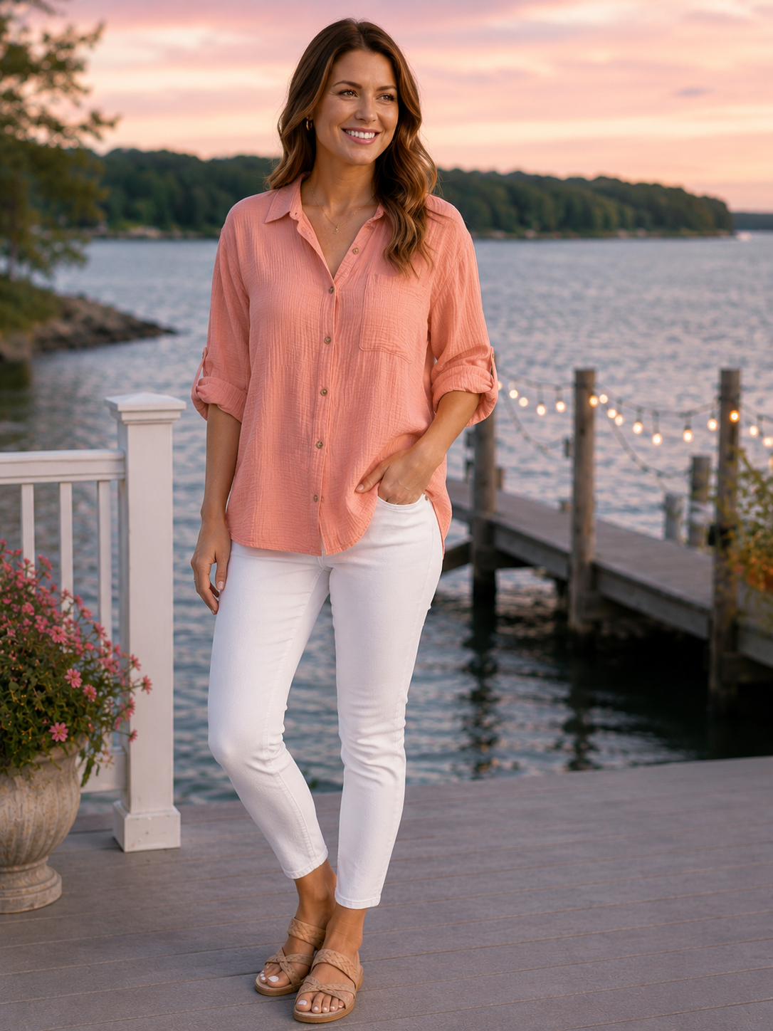 TANGERINE COASTAL COTTON BUTTON TOP MISSY & PLUS