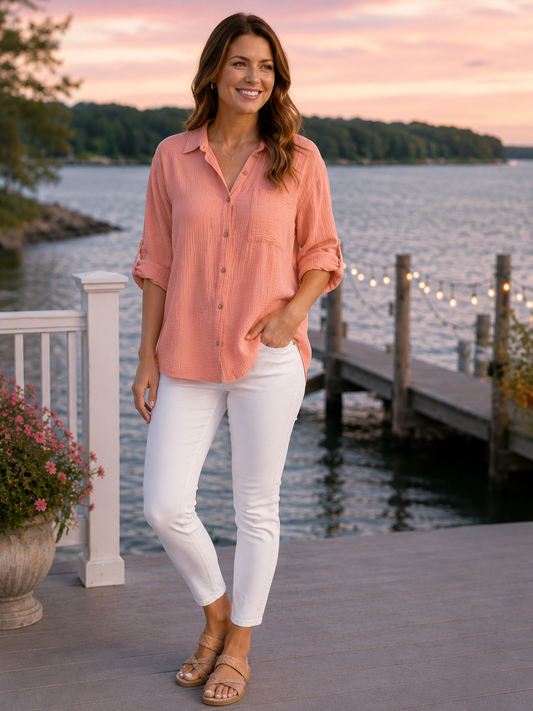 TANGERINE COASTAL COTTON BUTTON TOP MISSY & PLUS