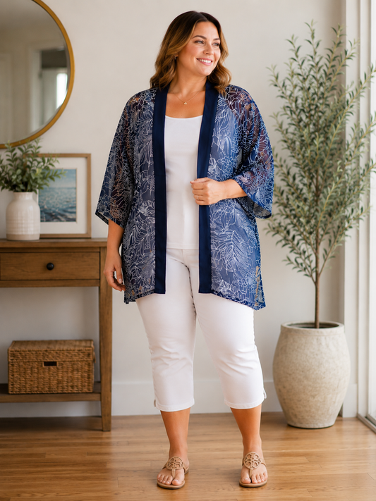 PLUS 3/4 SLEEVE NAVY ISLAND PRINT KIMONO