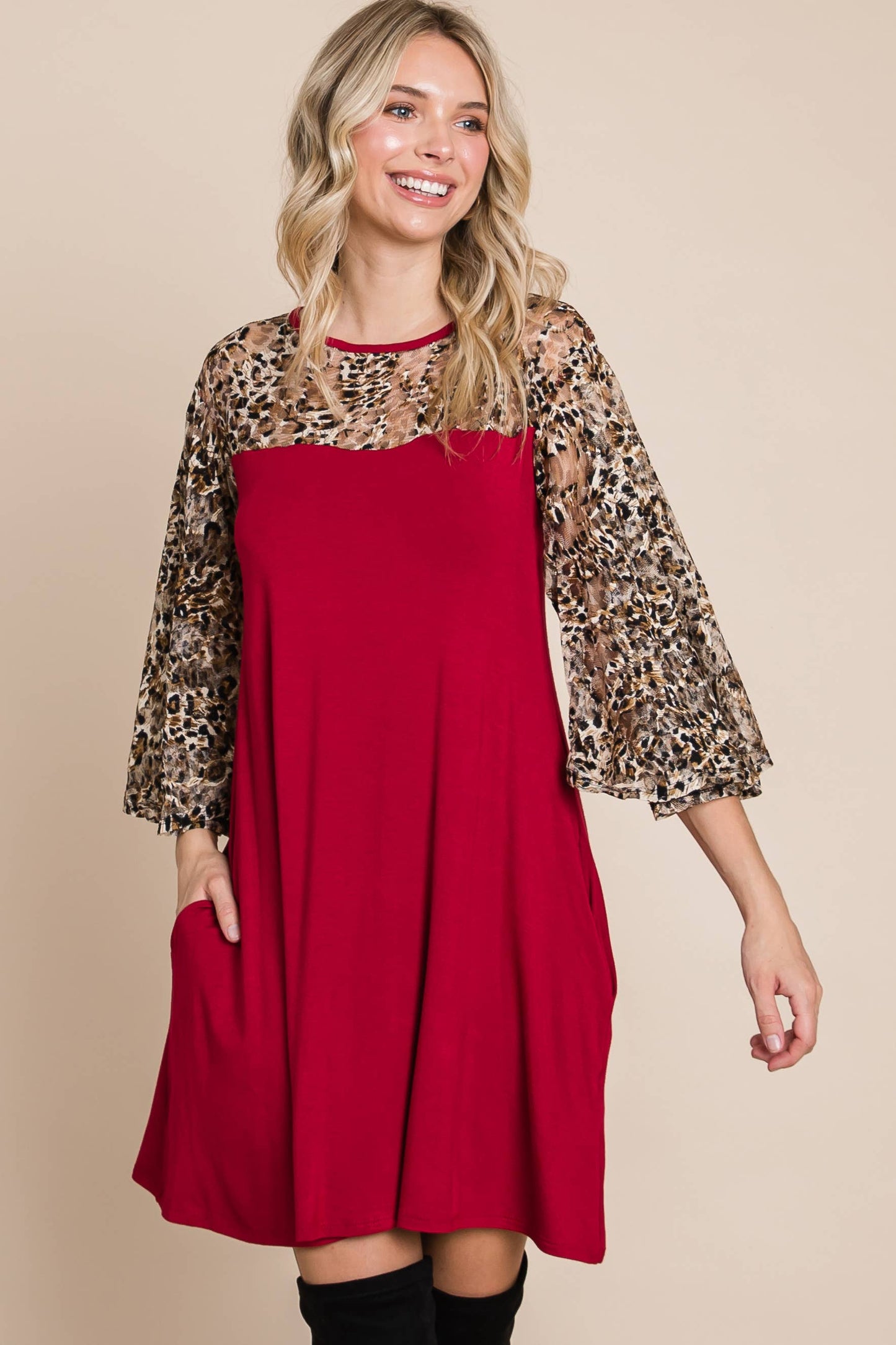 WINE A LINE DRESS WITH LEOPARD MESH SLEEVE
