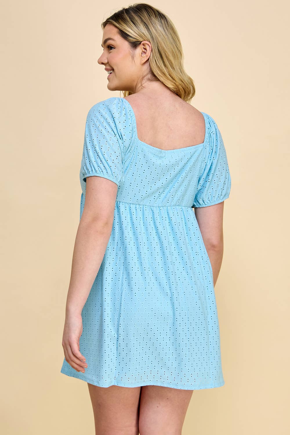 PLUS SKY BLUE CRINKLE KNIT EYELET DRESS