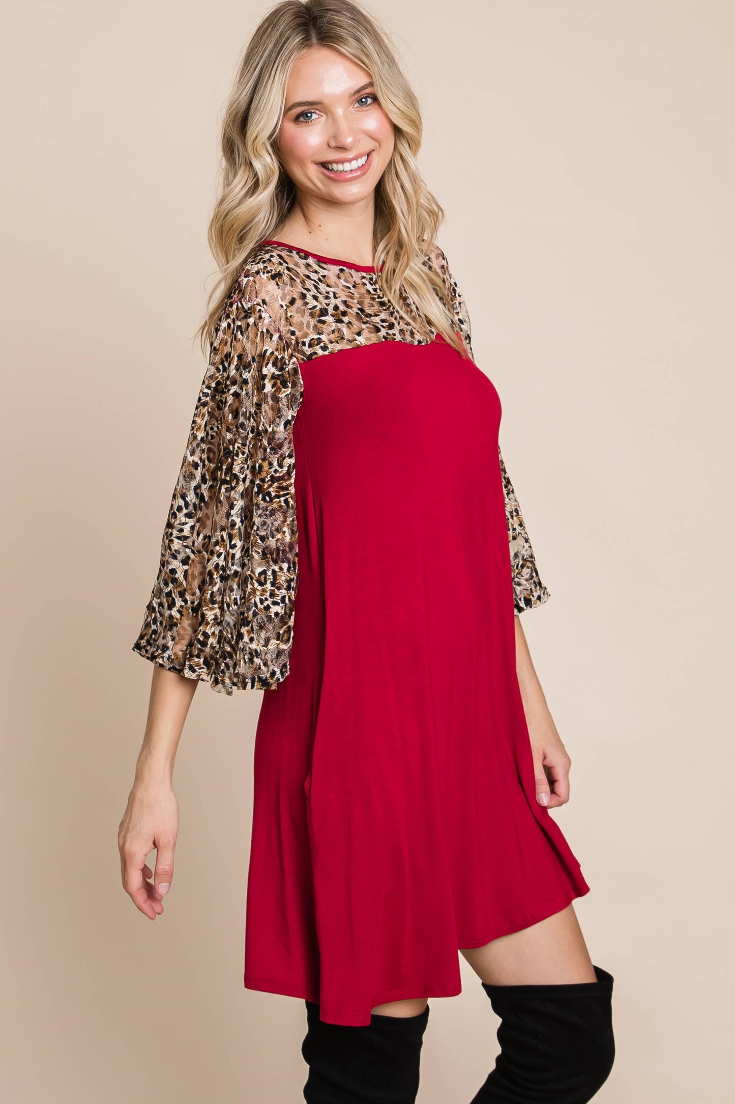 WINE A LINE DRESS WITH LEOPARD MESH SLEEVE