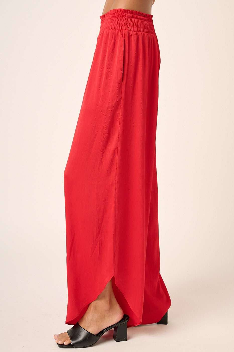 RED SATIN SMOCKED WAIST WIDE LEG PANT