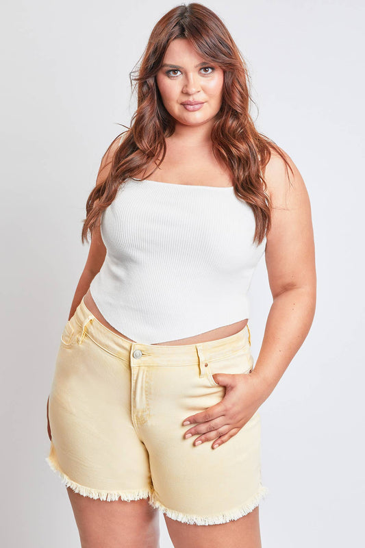 SIZE 18 LEMON CHIFFON JUNIOR PLUS FRAYED HEM SHORT