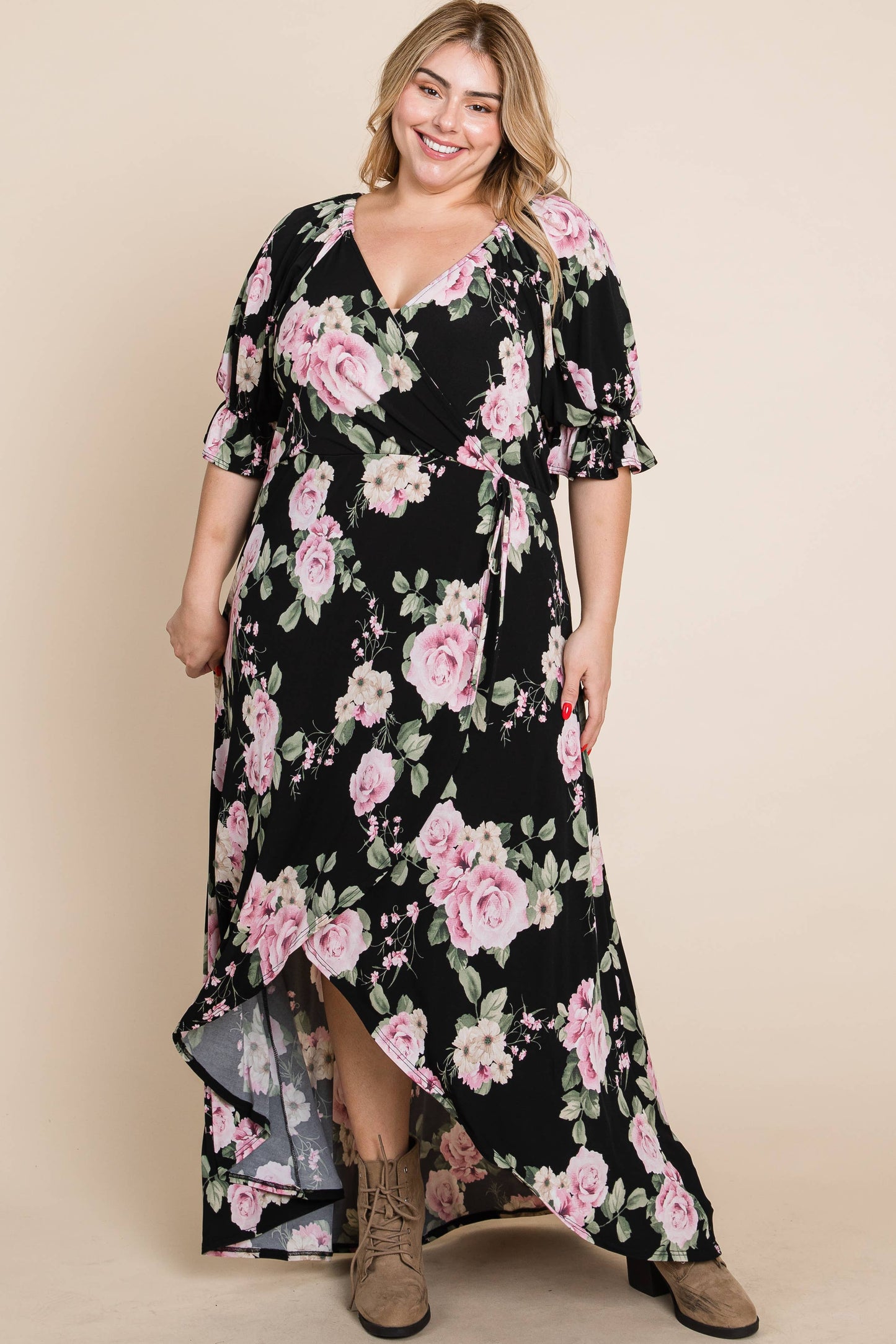 Plus Floral Faux Wrap High Low Maxi Dress