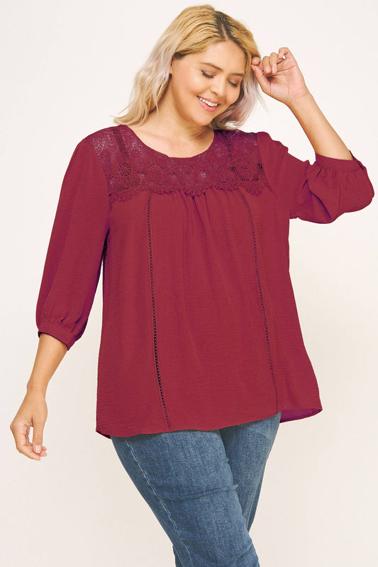 PLUS SIZE SOLID PEASANT BLOUSE WITH APPLIQUE YOKE: RUBY