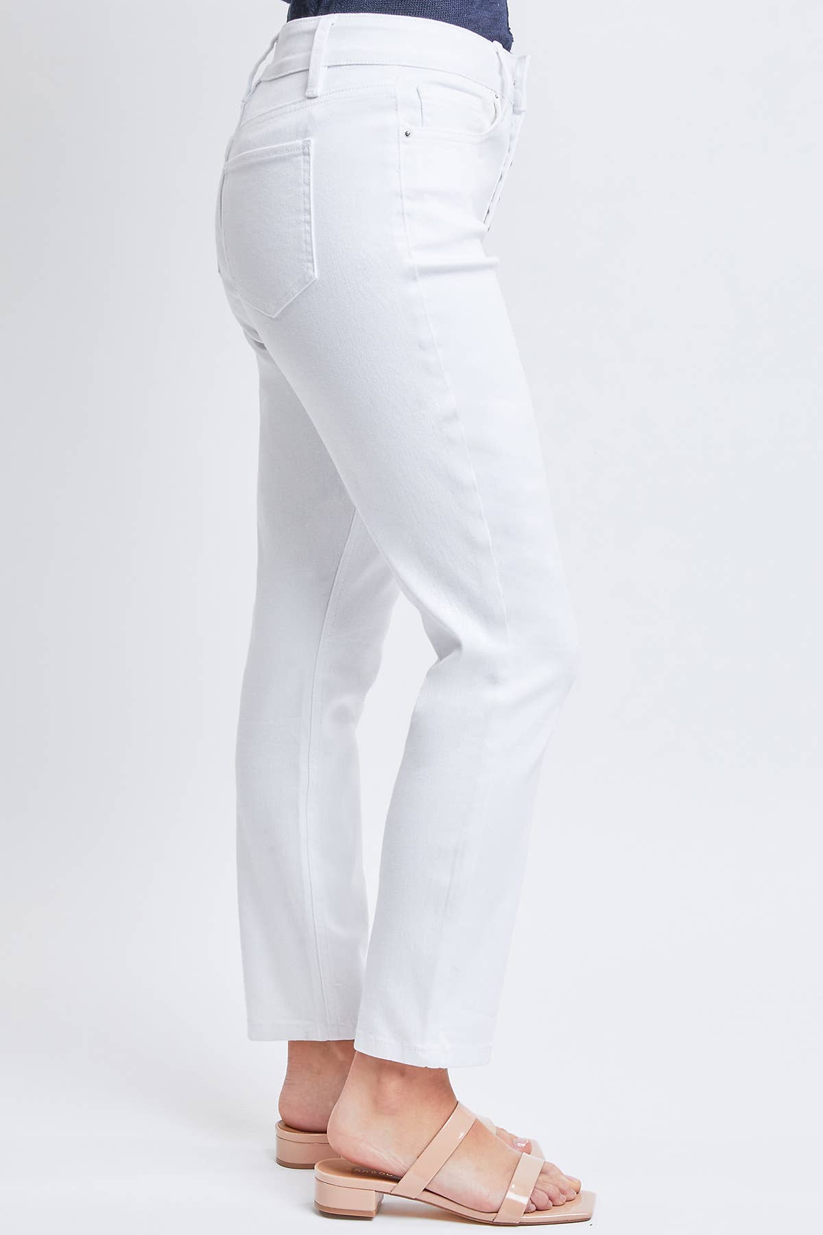 WHITE HIGH RISE BUTTON FLY TUMMY CONTROL ANKLE JEAN