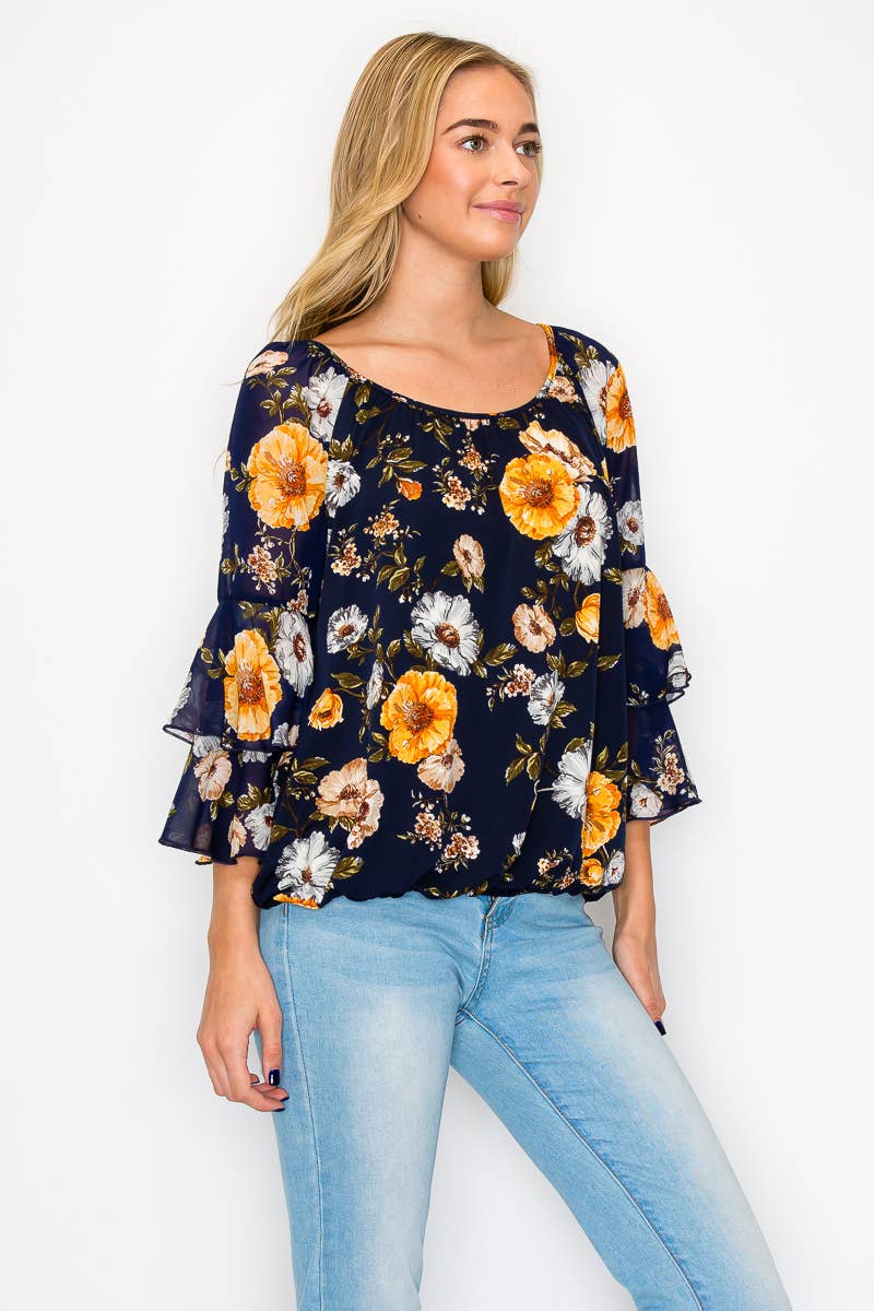 NAVY FLORAL SCOOP NECK FLOUNCE RUFFLED SLEEVE BLOUSE