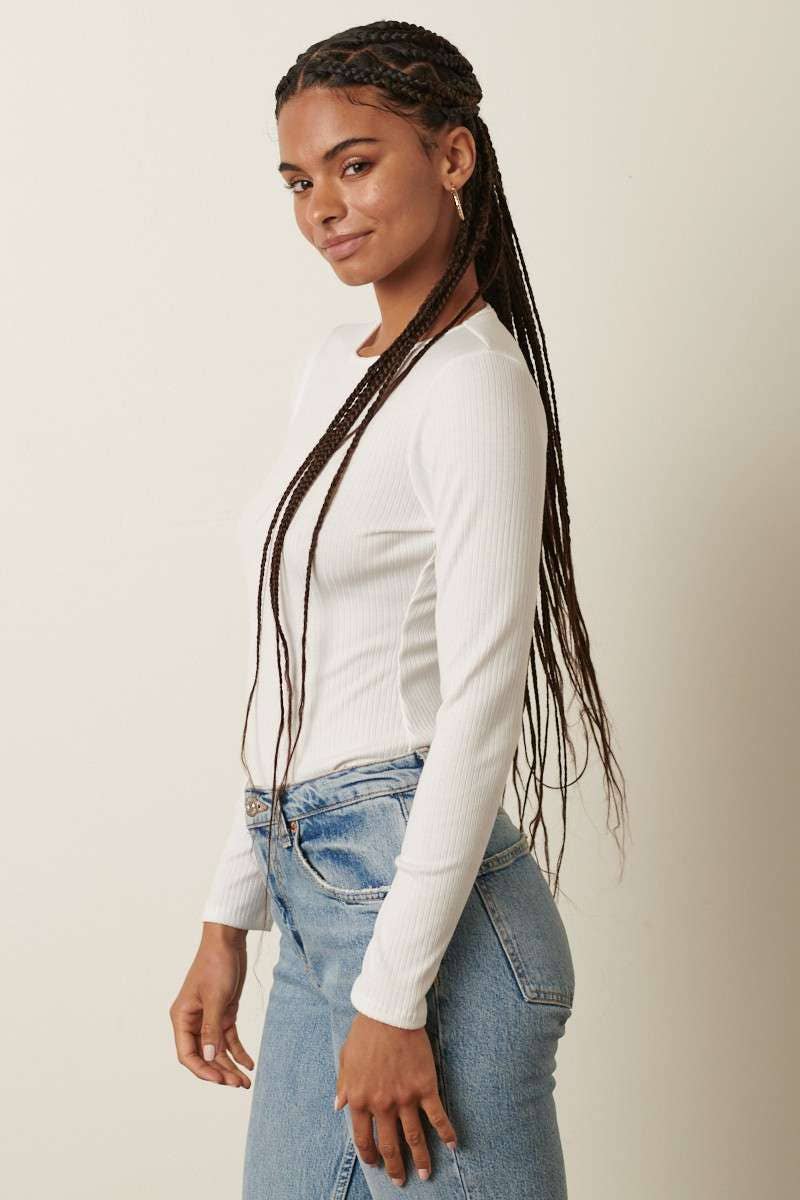IVORY LONG SLEEVE RIB KNIT BODYSUIT