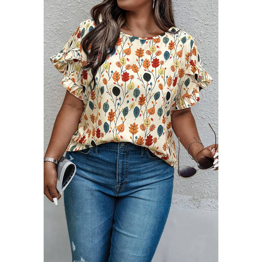 Plus Round Neck Floral Flounce Sleeve Loose Shirt: MULTI