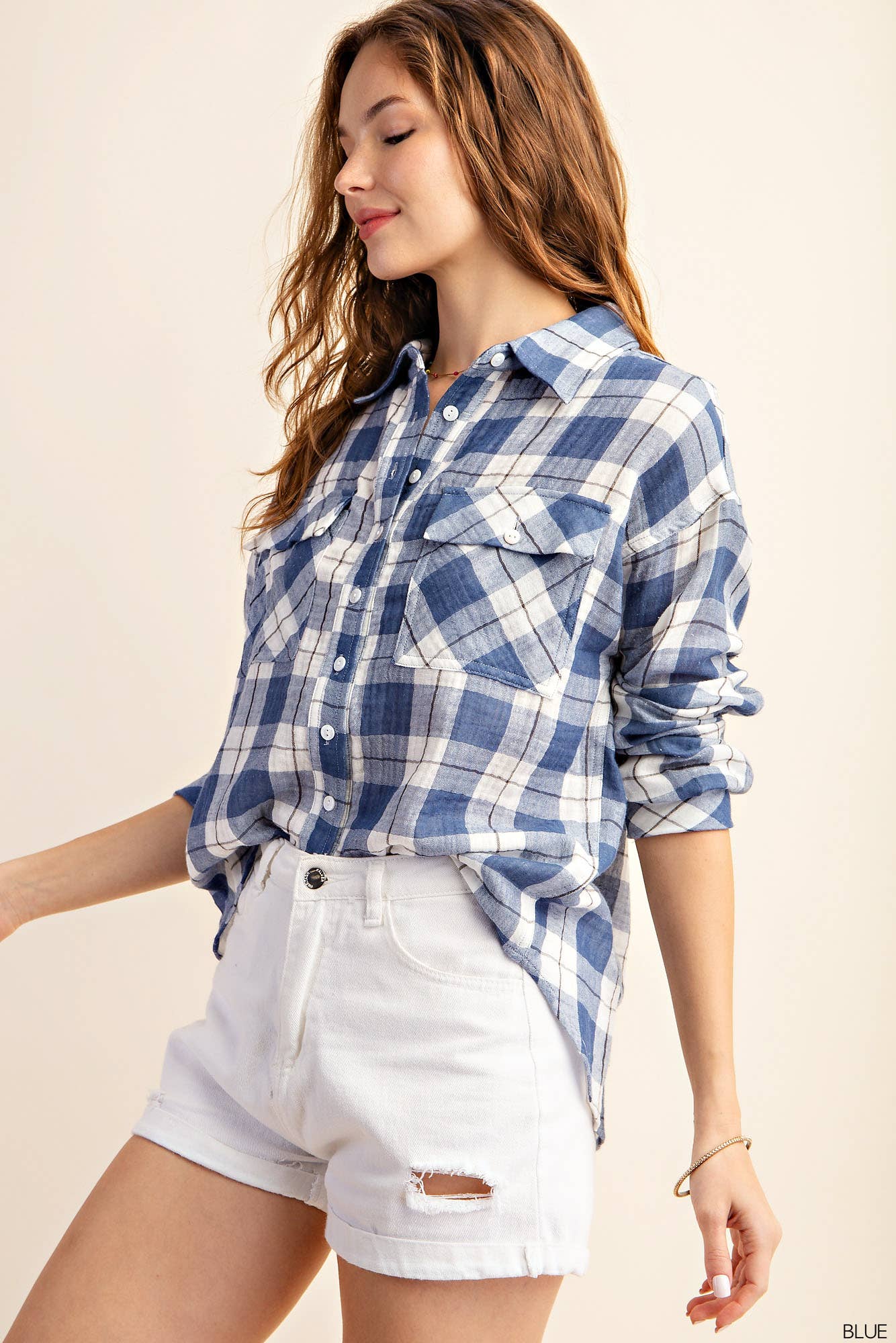 Blue Plaid Gauze Cotton Long Sleeve Button Down