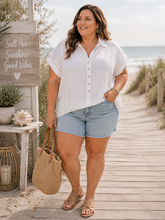 WHITE SALT AIR FAUX BUTTON TOP PLUS
