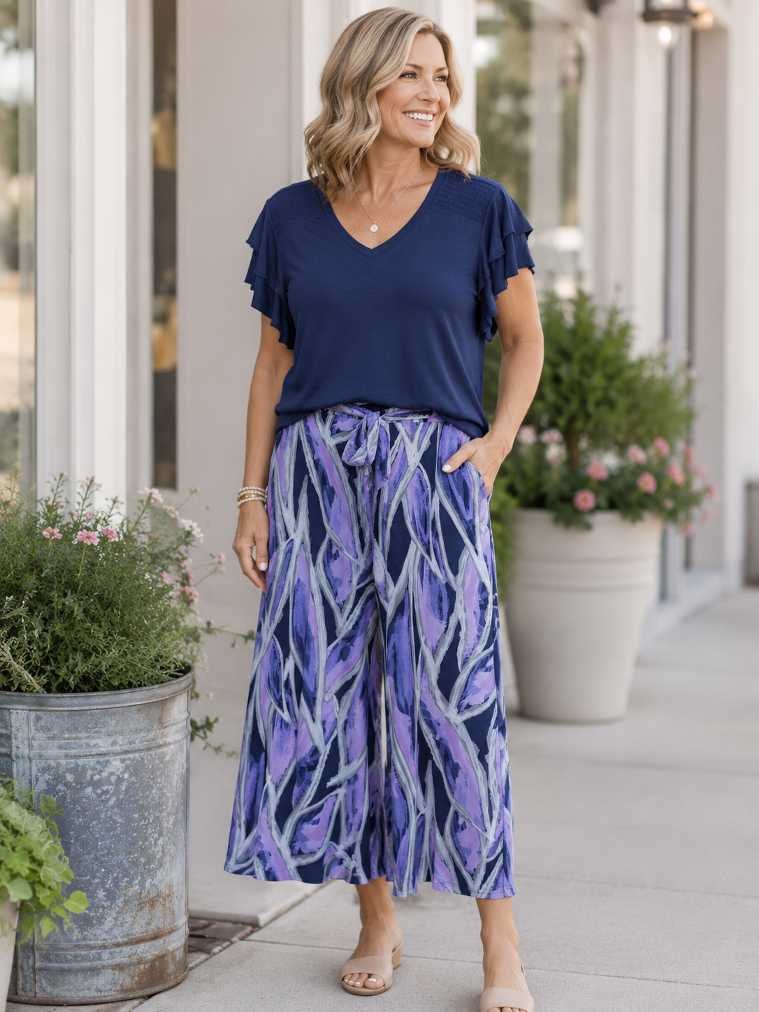 PETITE NAVY DAYDREAM FLUTTER SLEEVE