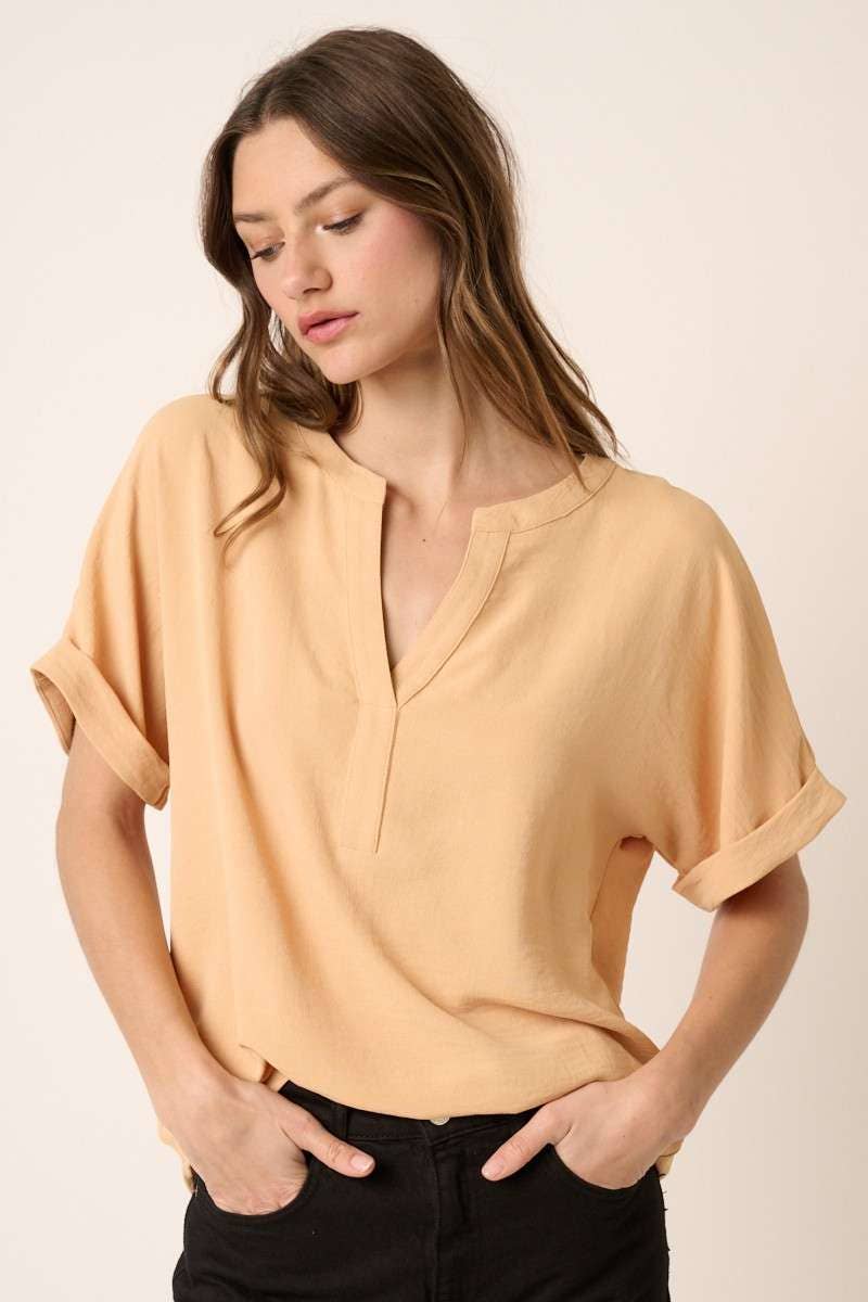 STRAW AIRFLOW PLACKET DETAIL DOLMAN SLEEVE WOVEN TOP