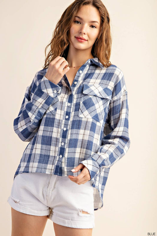 Blue Plaid Gauze Cotton Long Sleeve Button Down