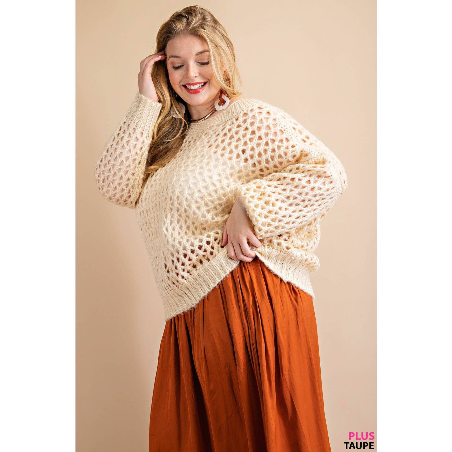 Plus Soft Open-Knit Pullover Sweater Taupe