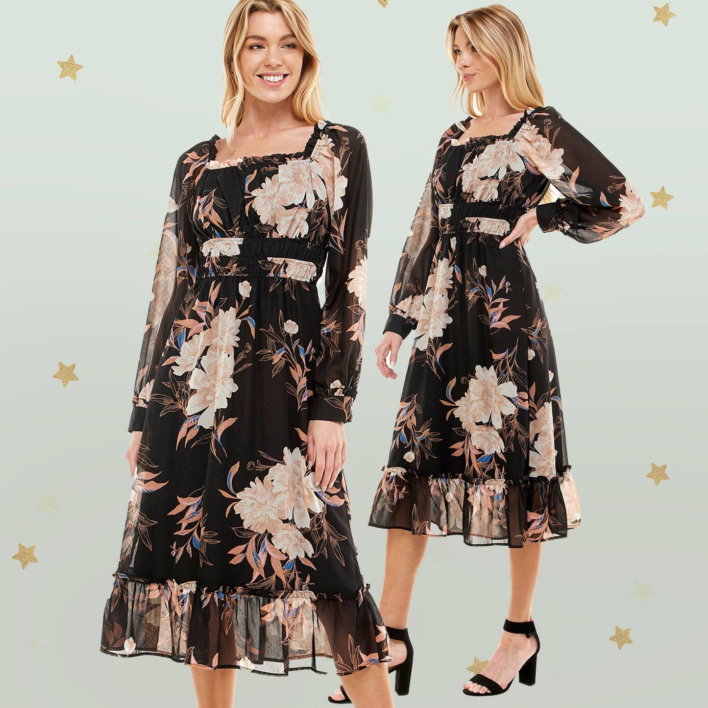 SQUARE NECK LONG SLEEVE MIDI FLORAL DRESS: BLTBL