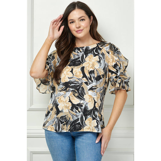 PLUS SIZE BOATNECK TOP WITH RUFFLE SLEEVES : BLKIV
